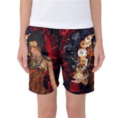 Steampunk, Beautiful Steampunk Lady With Clocks And Gears Women s Basketball Shorts by FantasyWorld7