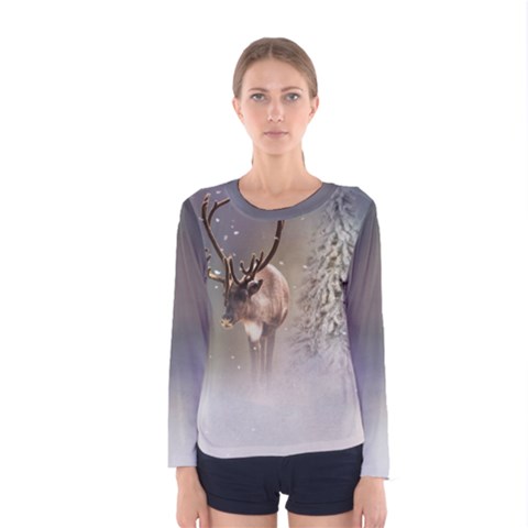 Santa Claus Reindeer In The Snow Women s Long Sleeve Tee by gatterwe