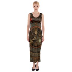 Steampunk, Awesome Clocks Fitted Maxi Dress by FantasyWorld7