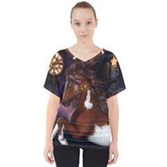 Steampunk Wonderful Wild Horse With Clocks And Gears V-neck Dolman Drape Top by FantasyWorld7