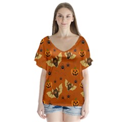 Bat, Pumpkin And Spider Pattern V-neck Flutter Sleeve Top by Valentinaart