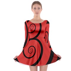 Double Spiral Thick Lines Black Red Long Sleeve Skater Dress by Mariart