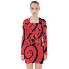 Double Spiral Thick Lines Black Red V-neck Bodycon Long Sleeve Dress by Mariart