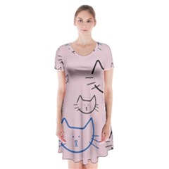 Cat Pattern Face Smile Cute Animals Beauty Short Sleeve V-neck Flare Dress by Mariart