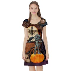 Funny Mummy With Skulls, Crow And Pumpkin Short Sleeve Skater Dress by FantasyWorld7