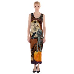 Funny Mummy With Skulls, Crow And Pumpkin Fitted Maxi Dress by FantasyWorld7