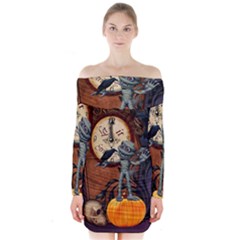 Funny Mummy With Skulls, Crow And Pumpkin Long Sleeve Off Shoulder Dress by FantasyWorld7