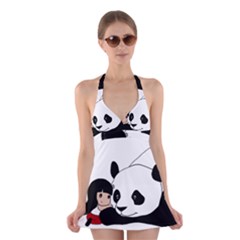 Girl And Panda Halter Swimsuit Dress by Valentinaart