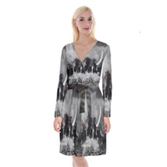 Awesome Wild Black Horses Running In The Night Long Sleeve Velvet Front Wrap Dress by FantasyWorld7