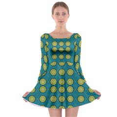 Sunshine Mandalas On Blue Long Sleeve Skater Dress by pepitasart