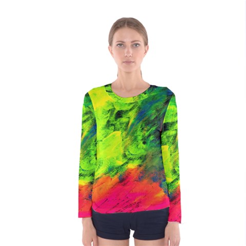 Neon Rainbow Green Pink Blue Red Painting Women s Long Sleeve Tee by Mariart