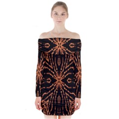 Golden Fire Pattern Polygon Space Long Sleeve Off Shoulder Dress by Mariart