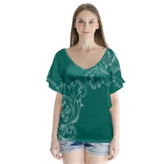 Leaf Green Blue Sexy V-neck Flutter Sleeve Top by Mariart