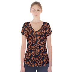 Pattern Halloween Jackolantern Short Sleeve Front Detail Top by iCreate