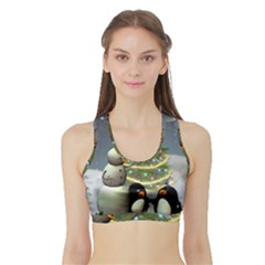 Funny Snowman With Penguin And Christmas Tree Sports Bra With Border by FantasyWorld7