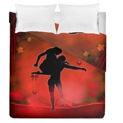 Dancing Couple On Red Background With Flowers And Hearts Duvet Cover Double Side (queen Size) by FantasyWorld7