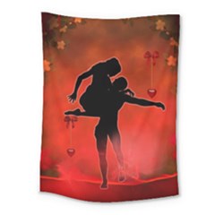 Dancing Couple On Red Background With Flowers And Hearts Medium Tapestry by FantasyWorld7