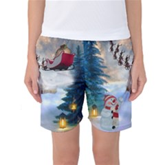 Christmas, Snowman With Santa Claus And Reindeer Women s Basketball Shorts by FantasyWorld7