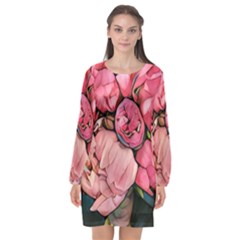 Beautiful Peonies Long Sleeve Chiffon Shift Dress  by NouveauDesign