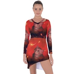 Cute Little Kitten, Red Background Asymmetric Cut-out Shift Dress by FantasyWorld7