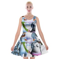 Funny, Cute Snowman And Snow Women In A Winter Landscape Velvet Skater Dress by FantasyWorld7