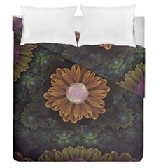 Abloom In Autumn Leaves With Faded Fractal Flowers Duvet Cover Double Side (queen Size) by jayaprime