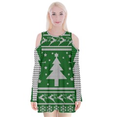 Ugly Christmas Sweater Velvet Long Sleeve Shoulder Cutout Dress by Valentinaart