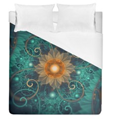 Beautiful Tangerine Orange And Teal Lotus Fractals Duvet Cover (queen Size) by jayaprime