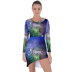 Wonderful Lion Silhouette On Dark Colorful Background Asymmetric Cut-out Shift Dress by FantasyWorld7