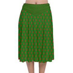 Red Stars On Christmas Green Background Velvet Flared Midi Skirt by PodArtist