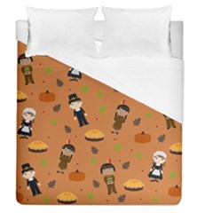 Pilgrims And Indians Pattern - Thanksgiving Duvet Cover (queen Size) by Valentinaart