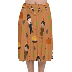 Pilgrims And Indians Pattern - Thanksgiving Velvet Flared Midi Skirt by Valentinaart