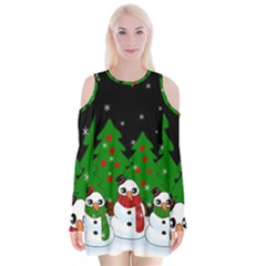 Kawaii Snowman Velvet Long Sleeve Shoulder Cutout Dress by Valentinaart