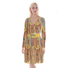 Egyptian Tutunkhamun Pharaoh Design Long Sleeve Velvet Front Wrap Dress by Celenk