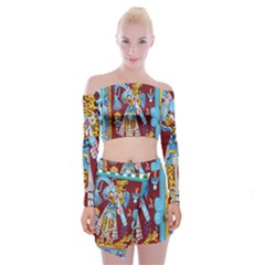 Mexico Puebla Mural Ethnic Aztec Off Shoulder Top With Mini Skirt Set by Celenk