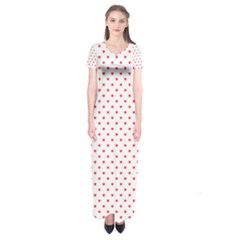 Small Christmas Red Polka Dot Hearts On Snow White Short Sleeve Maxi Dress by PodArtist