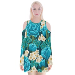 Light Blue Roses And Daisys Velvet Long Sleeve Shoulder Cutout Dress by allthingseveryone