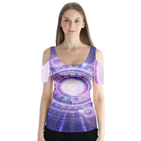 Blue Fractal Alchemy Hud For Bending Hyperspace Butterfly Sleeve Cutout Tee  by jayaprime