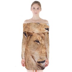 Big Male Lion Looking Right Long Sleeve Off Shoulder Dress by Ucco