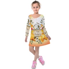 Happy Thanksgiving With Pumpkin Kids  Long Sleeve Velvet Dress by FantasyWorld7