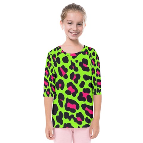 Neon Green Leopard Print Kids  Quarter Sleeve Raglan Tee by allthingseveryone