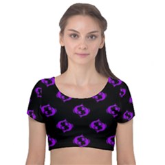 Purple Pisces On Black Background Velvet Short Sleeve Crop Top  by allthingseveryone