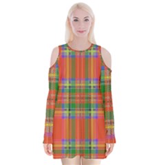 Orange And Green Plaid Velvet Long Sleeve Shoulder Cutout Dress by allthingseveryone