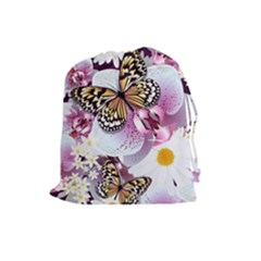 Butterflies With White And Purple Flowers  Drawstring Pouches (large)  by Bigfootshirtshop