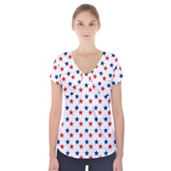 Patriotic Red White Blue Stars Usa Short Sleeve Front Detail Top by Celenk