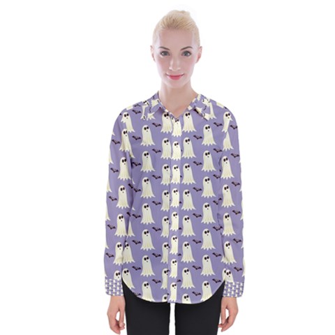 Bat And Ghost Halloween Lilac Paper Pattern Womens Long Sleeve Shirt by Celenk