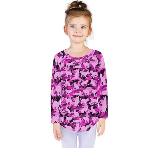 Hot Pink Catmouflage Camouflage Kids  Long Sleeve Tee by PodArtist