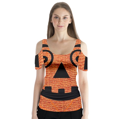 Fabric Halloween Pumpkin Funny Butterfly Sleeve Cutout Tee  by Celenk