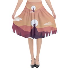 Design Art Hill Hut Landscape Flared Midi Skirt by Celenk