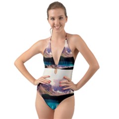 Austria Mountains Lake Water Halter Cut-out One Piece Swimsuit by BangZart